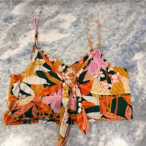 aerie Smocked Floral Crop Top in Mustard, Green & Coral